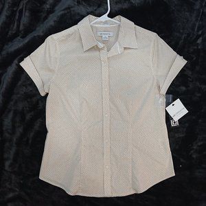 Stretchy Gold-Patterned Short Sleeve Button Down Top Liz Clairborne Women S